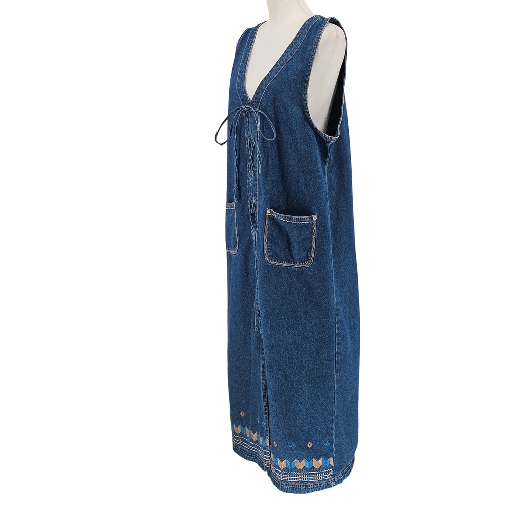 90s Y2K Denim Jumper Maxi Dress L Blue Lace Up Embroidered Cottagecore Modest - Picture 4 of 11